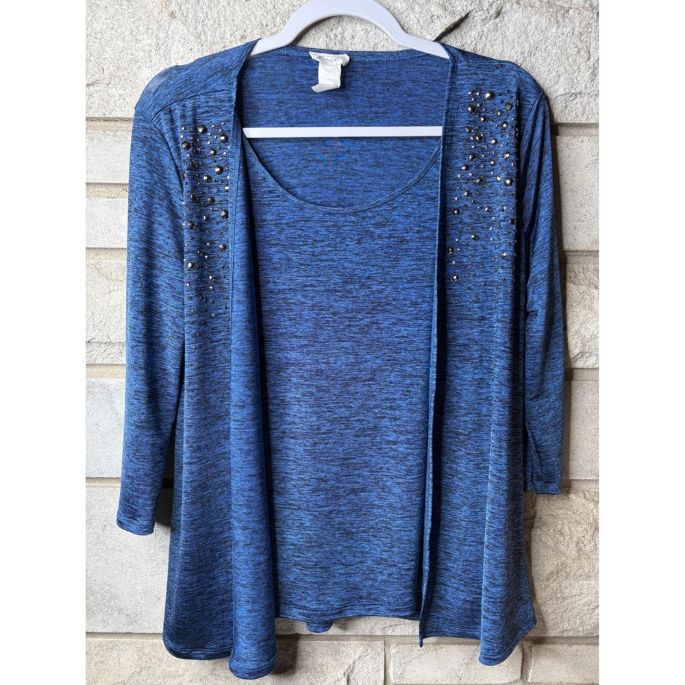 Brittany Black Blue‎ Space Dye Cardigan Set Studded Shoulders 3/4 Sleeve Medium